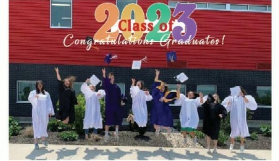 Class of 2023, Congratulations Graduates.  Picture of early childhood seniors jumping up and throwing graduation caps in the air. 