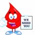 Cartoon blood droplet advertising blood drive. 